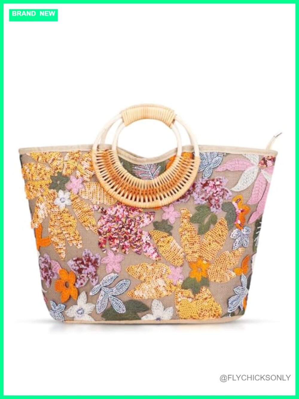 Bohemian Straw Tote Bag with Sequin Embroidery and Bamboo Handle